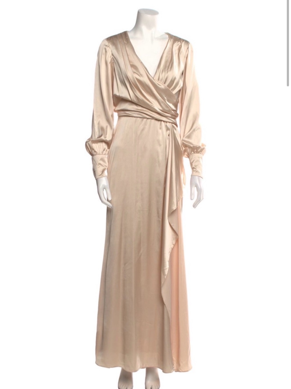 Mac Duggal Champagne Satin Wrap-Style Long Sleeve Maxi Dress